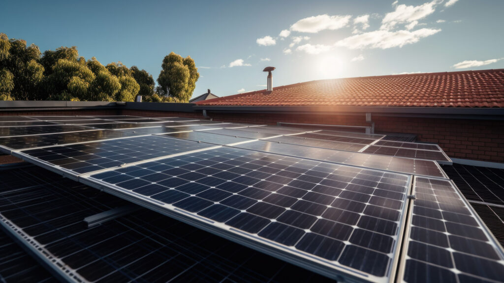 Close up view of solar panels on house rooftop